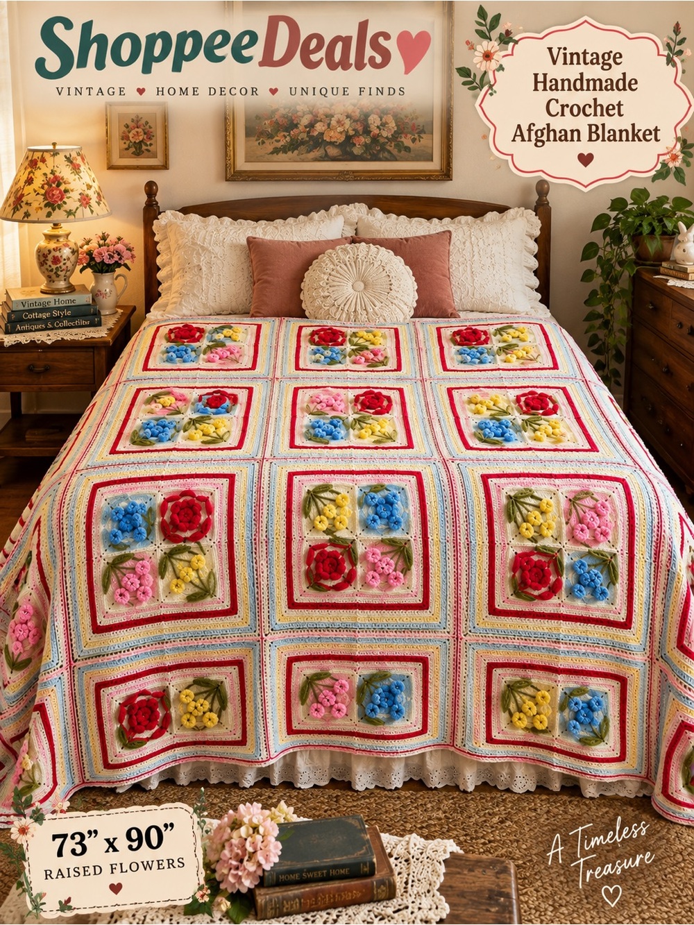 Vintage Handmade Crochet Floral Afghan Blanket 73” x 90” Raised Flowers